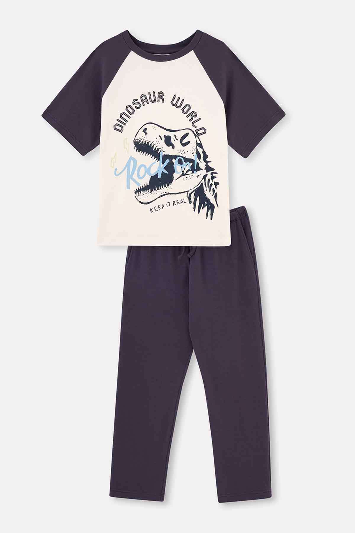 Levně Dagi Anthracite Short Sleeve Dinosaur Printed Pajamas Set