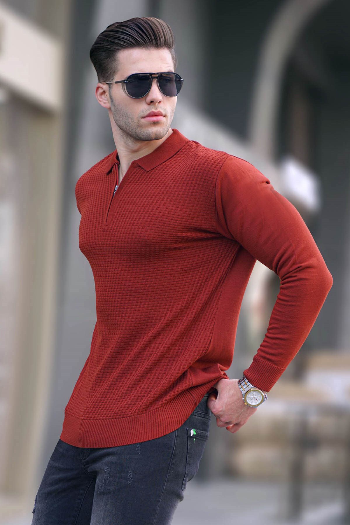 Levně Madmext Tile Zipper Polo Neck Knitwear Men's Sweater 5974