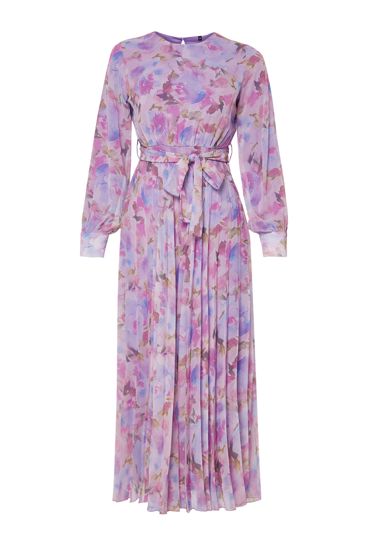 Trendyol Pink Floral Sash Detailed Lined Pleated Chiffon Woven Dress