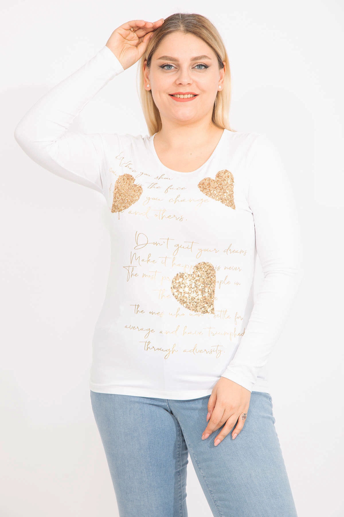Levně Şans Women's Plus Size White Lycra Blouse With Sequins And Print Detailed Long Sleeves