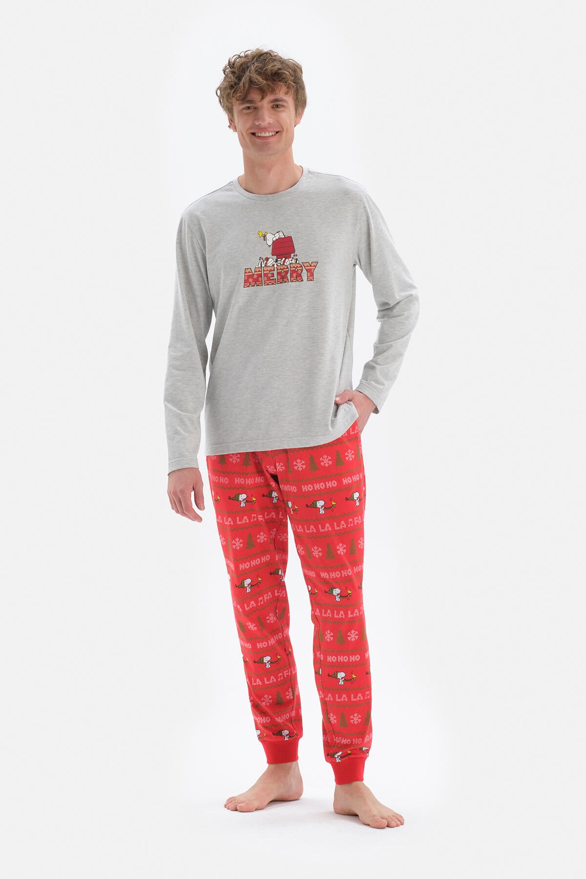 Levně Dagi Gray Crew Neck Long Sleeve Snoopy Printed Pajama Set