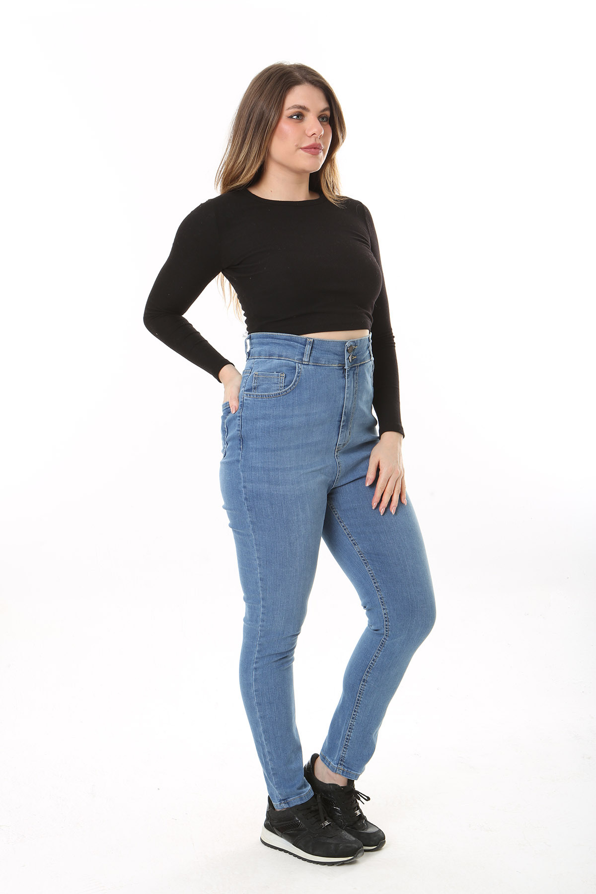 Levně Şans Women's Plus Size Blue High Waist Skinny Leg Lycra 5 Pocket Jeans