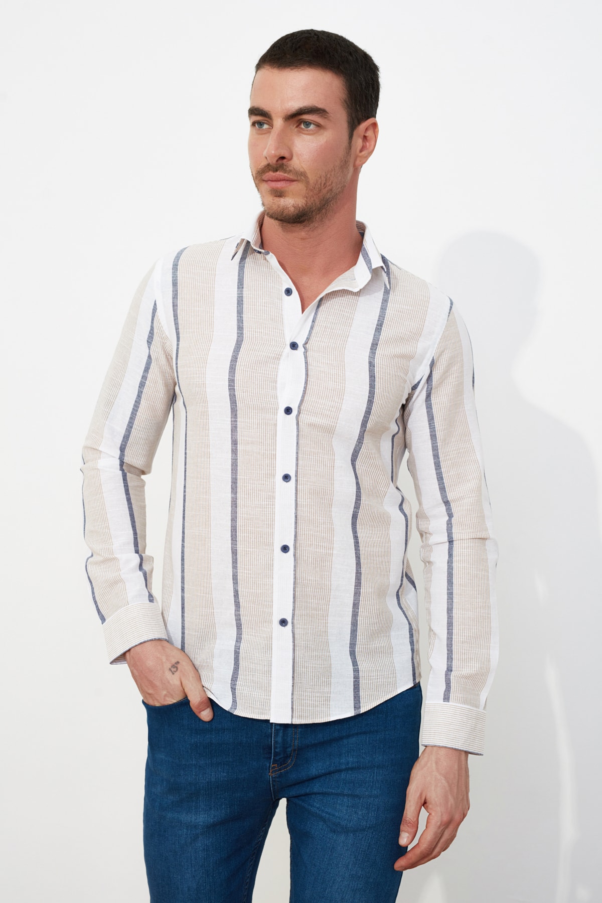 Trendyol Beige Men's Slim Fit Striped Shirt