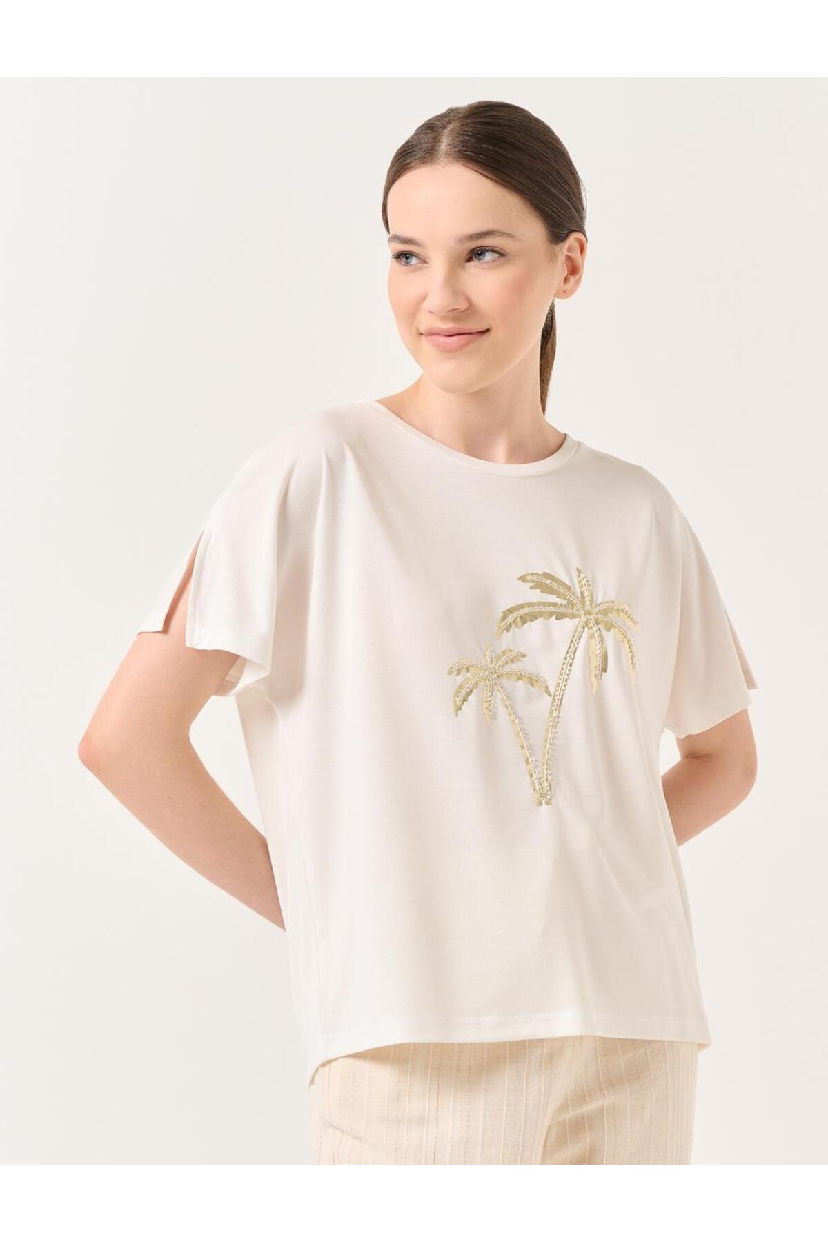 Levně Jimmy Key Ecru Crew Neck Short Sleeved T-Shirt with Palms.