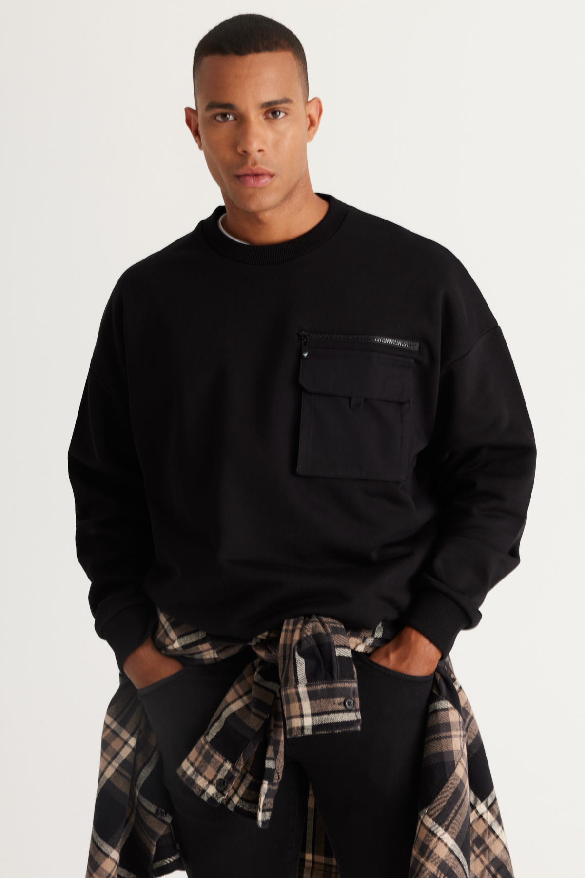 AC&Co / Altınyıldız Classics Men's Black Oversize Wide-Fit Fleece Yarn Crew Neck 100% Cotton Sweatshirt