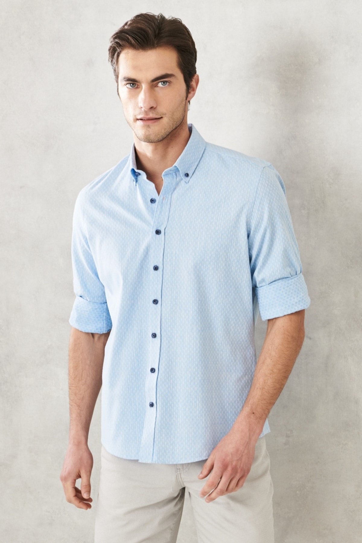 AC&Co / Altınyıldız Classics Men's Light Blue Slim Fit Slim Fit 100% Cotton Dobby Buttoned Collar Casual Shirt