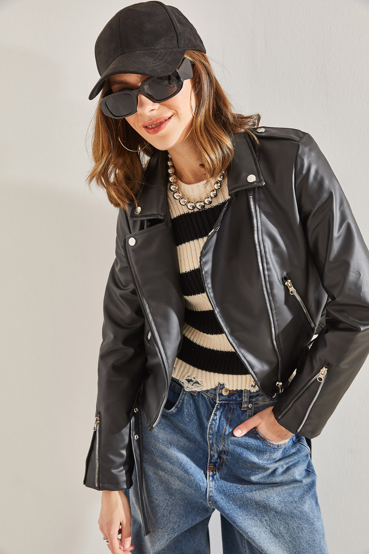 Bianco Lucci Women's Leather Jacket with Epaulettes, Zippered Sleeves and Belt