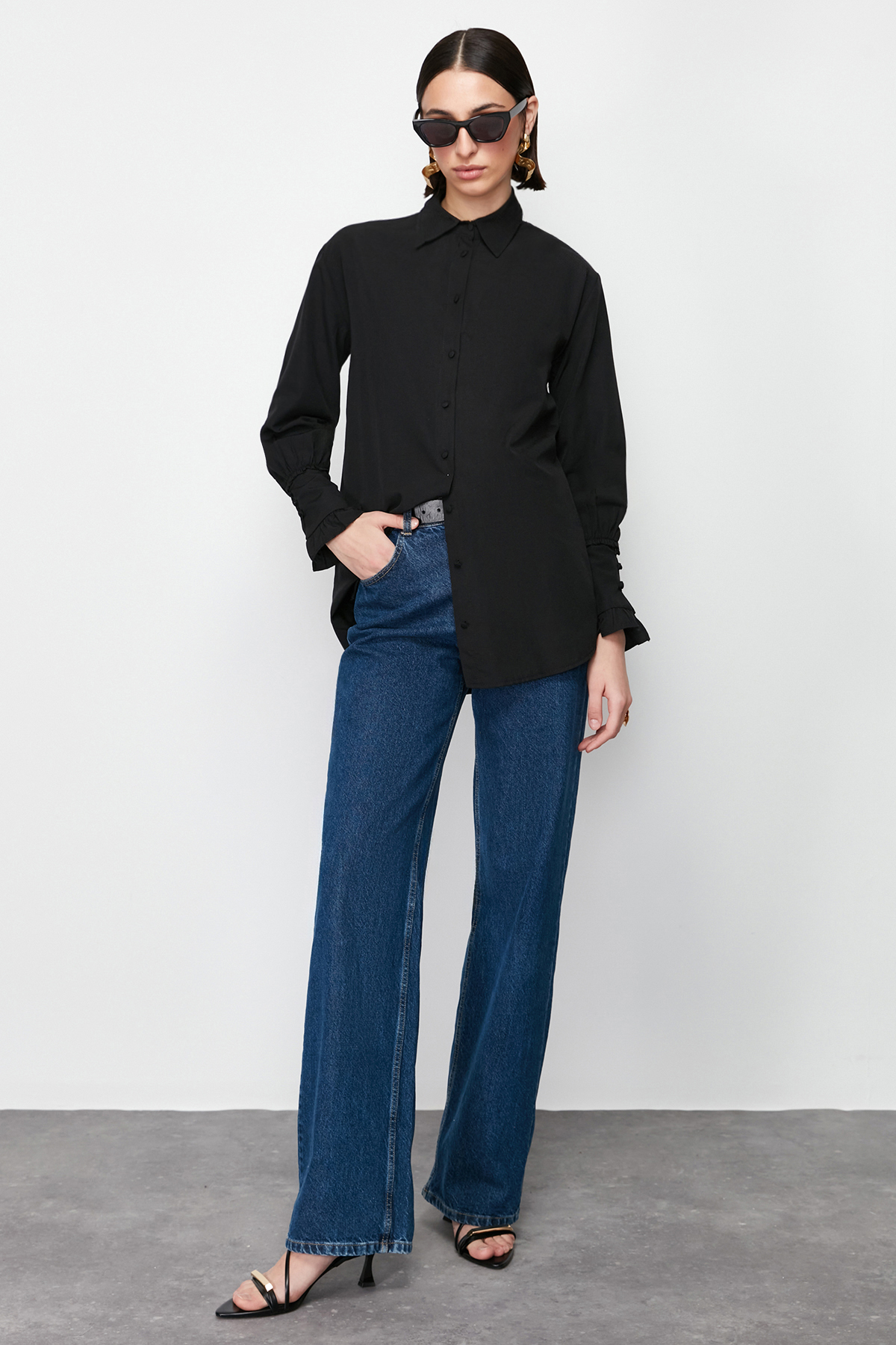 Trendyol Black Ruffle Detail Cotton Woven Shirt