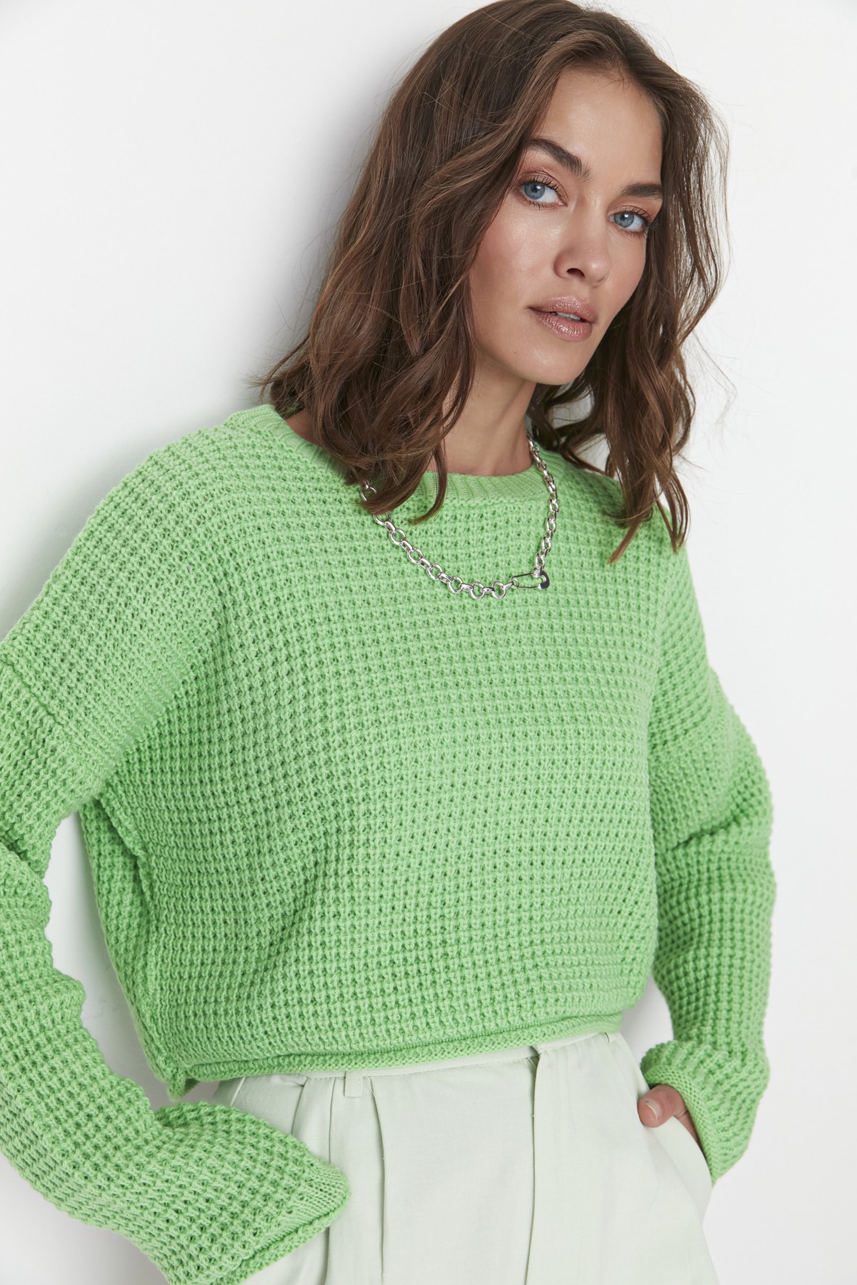 Trendyol Green Crop Knit Detailed Knitwear Sweater