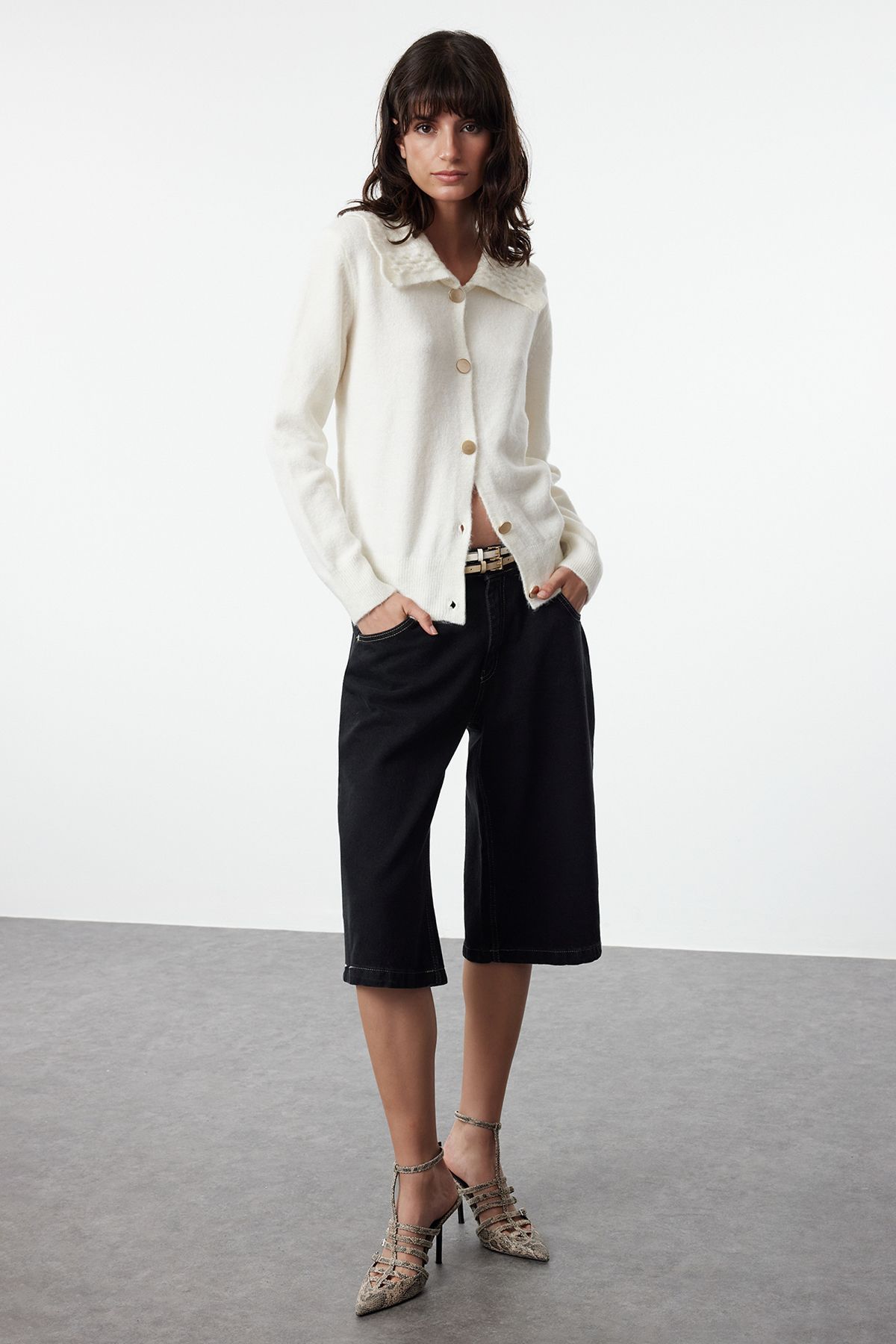 Trendyol Ecru Polo Neck Knitwear Cardigan