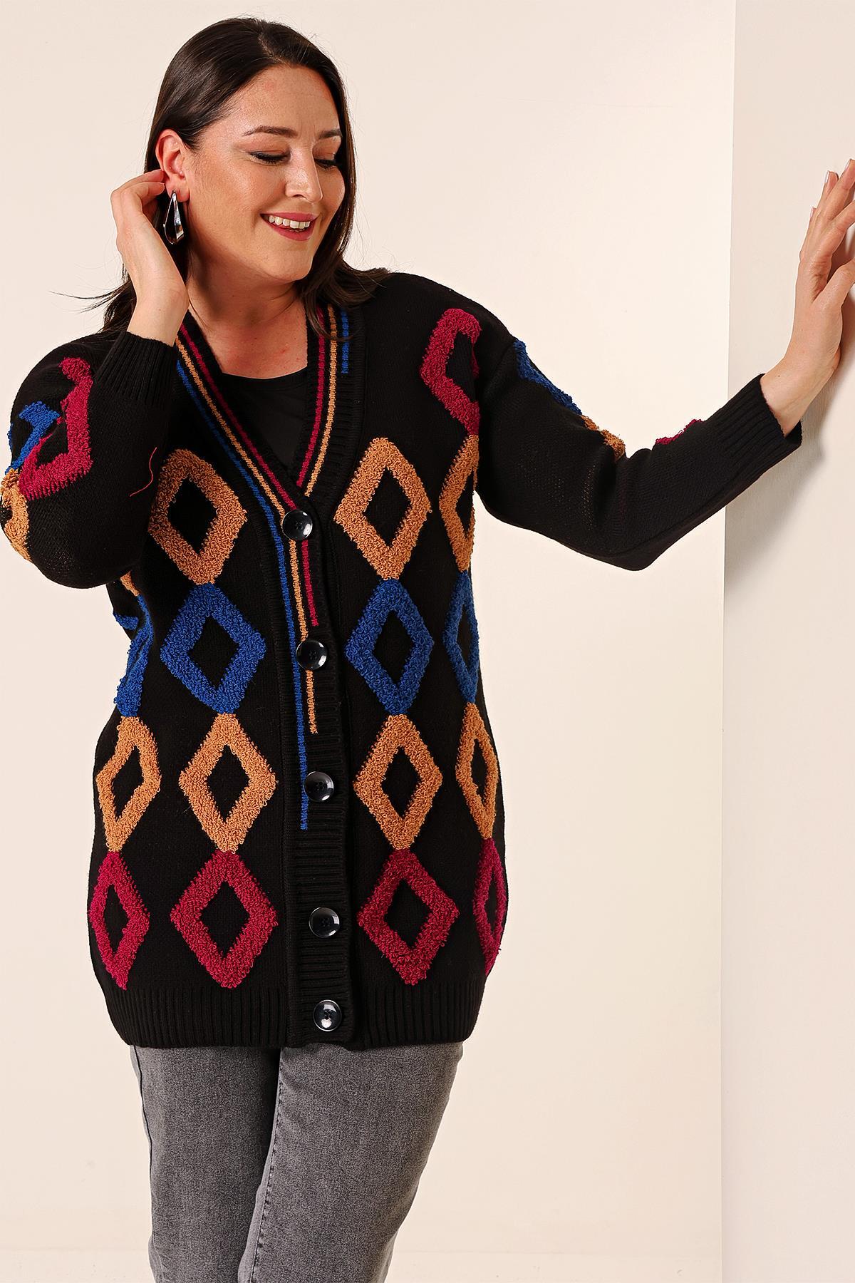 By Saygı Oversize Towel Baklava Pattern Long Knitwear Cardigan