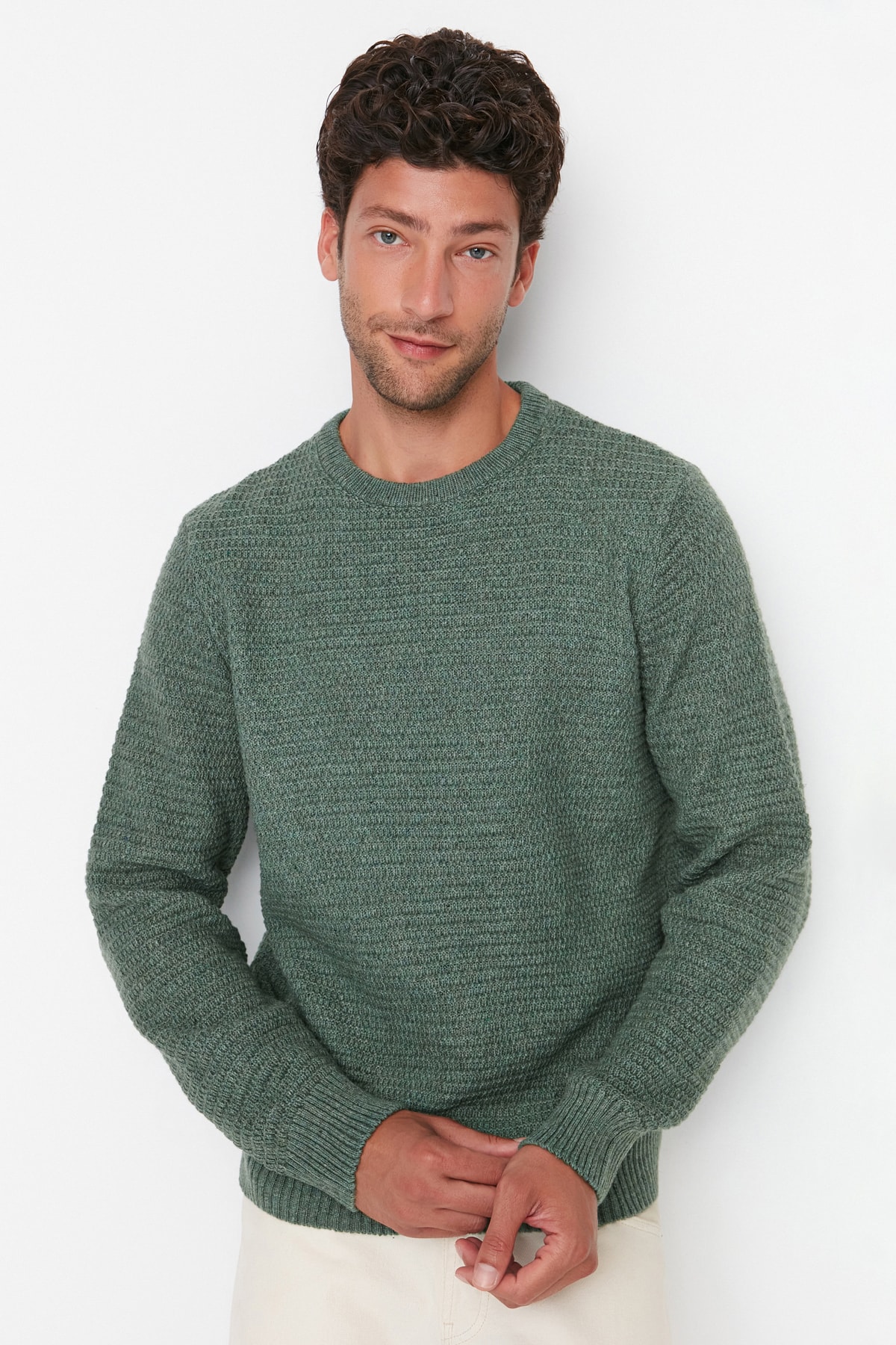 Trendyol Khaki Men's Regular Fit Crewneck Textured Knitwear Sweater