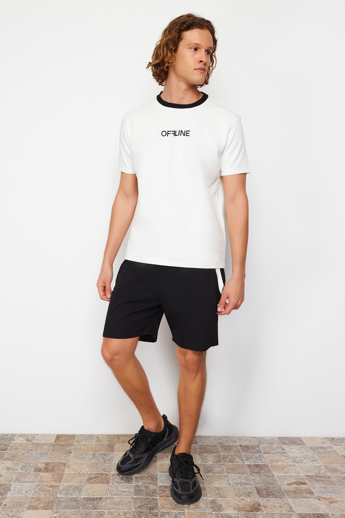 Trendyol Ecru-Black Regular/Normal Cut Embossed Text Print T-Shirt-Shorts Tracksuit Set