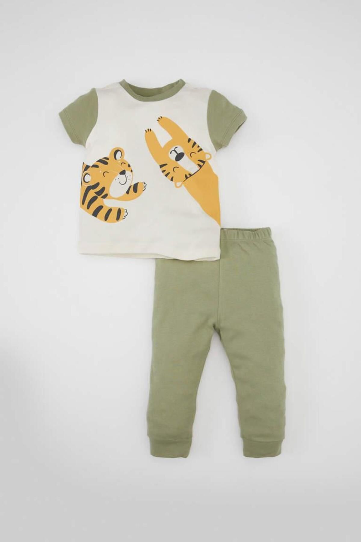 DEFACTO Baby Boy Tiger Printed Short Sleeve Combed Cotton Pajama Set