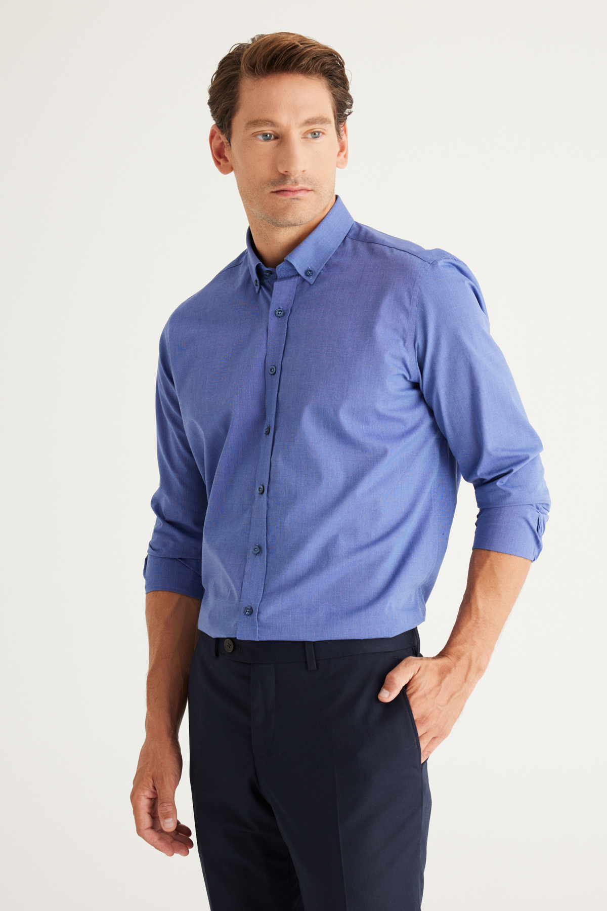 Levně ALTINYILDIZ CLASSICS Men's Navy Blue Slim Fit Slim Fit Shirt with Buttons Collar Patterned