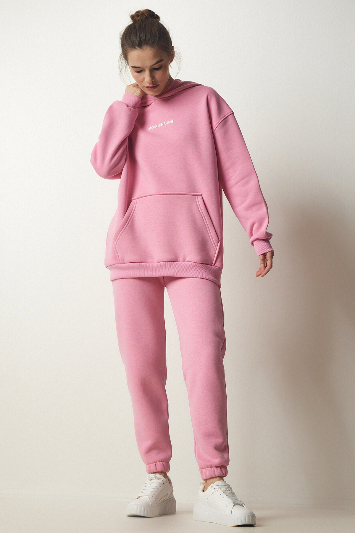 Levně Happiness İstanbul Women's Pink Raised Knitted Tracksuit Set