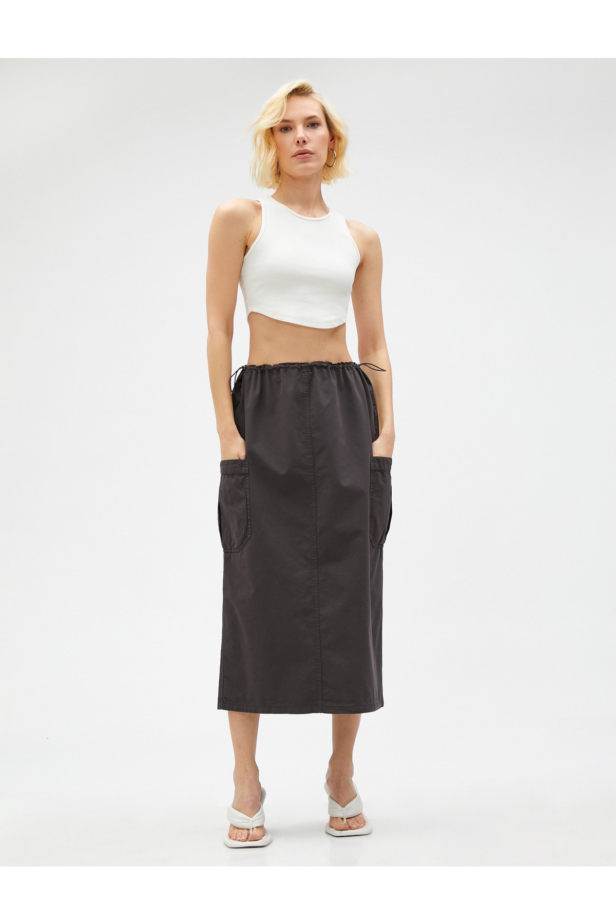 Koton Parachute Skirt Midi Pocket Detailed Elastic Waist