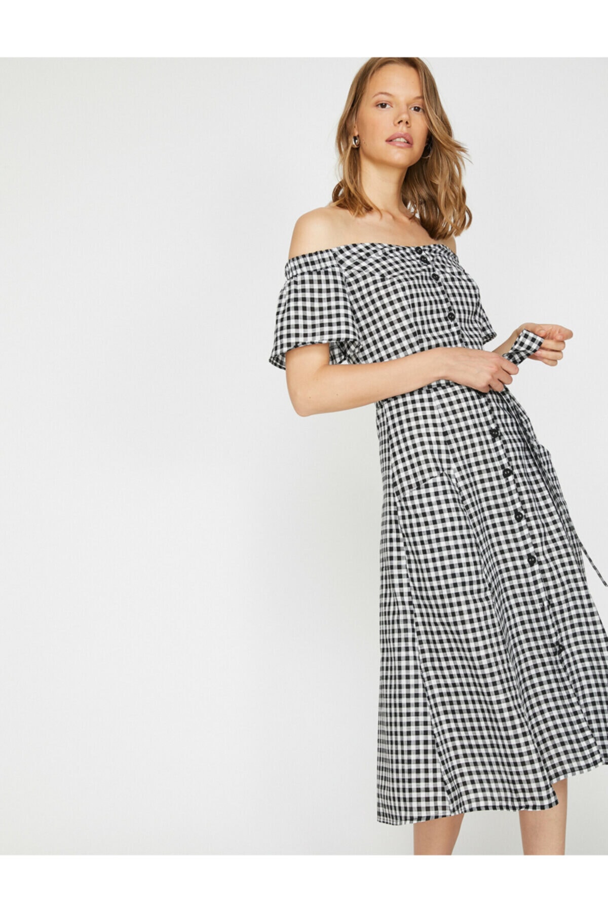 Rochie Koton Midi cu curele negre pentru femei Buton maneci scurte Detaliu Talie legata