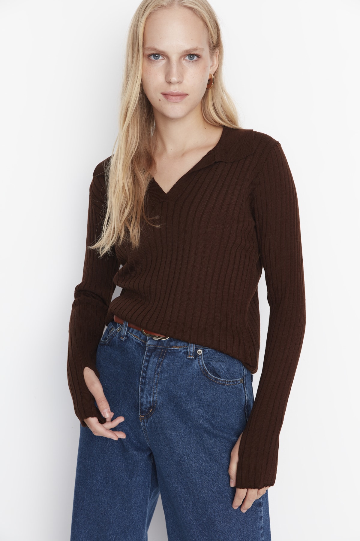 Trendyol Brown Sleeve Detailed Polo Neck Knitwear Sweater