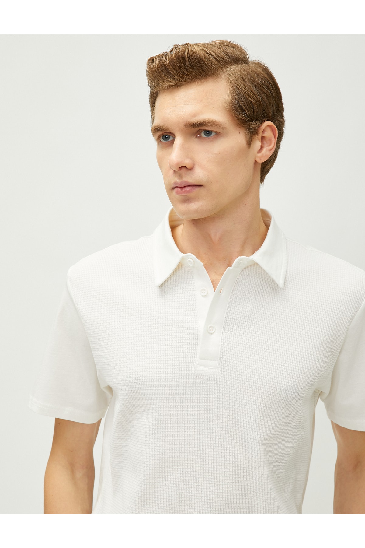 Koton Polo Neck T-Shirt with Textured Buttons, Slim Fit, Short Sleeves.