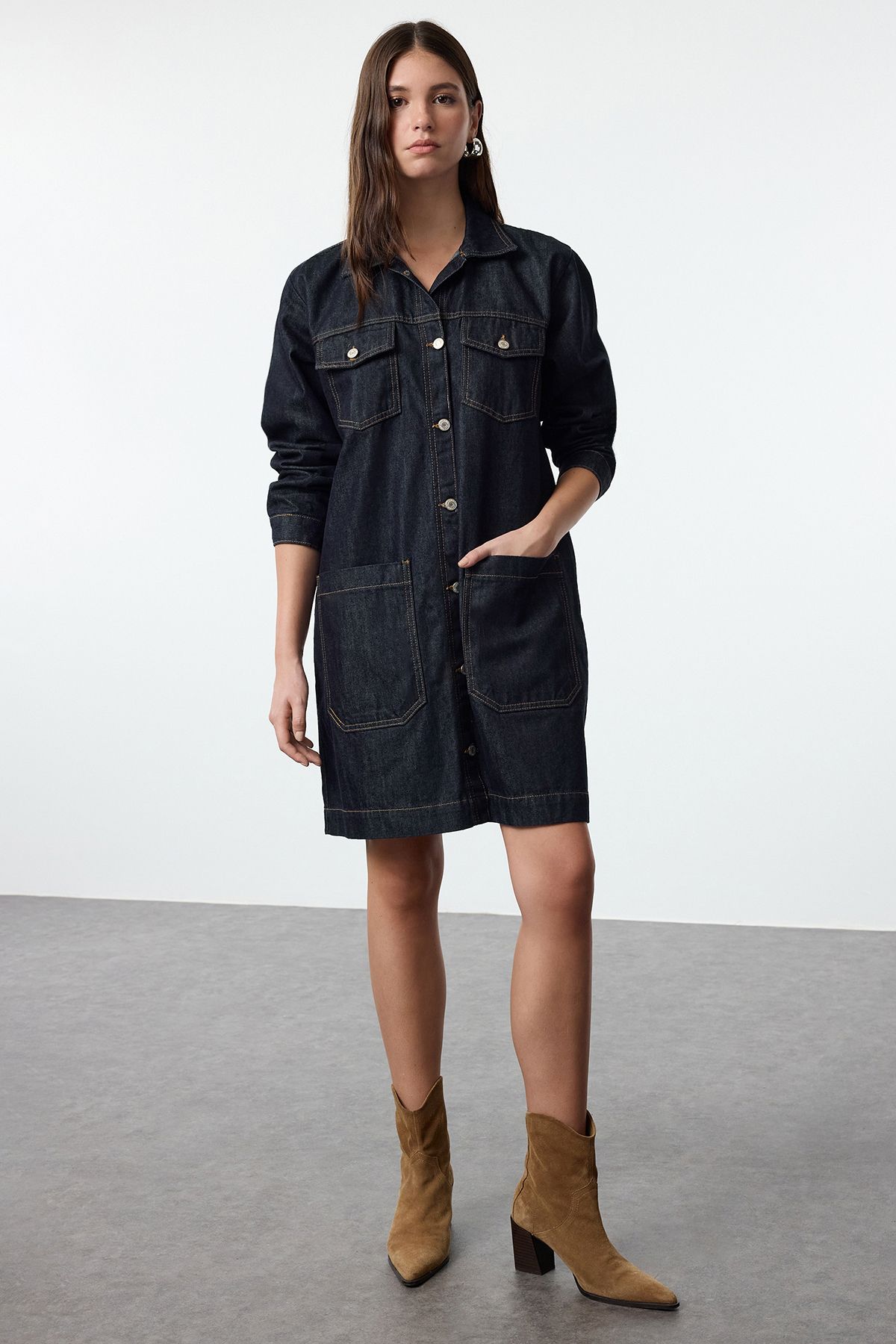 Trendyol Dark Blue Pocket Detail Shirt Collar Oversize Denim Trench Coat
