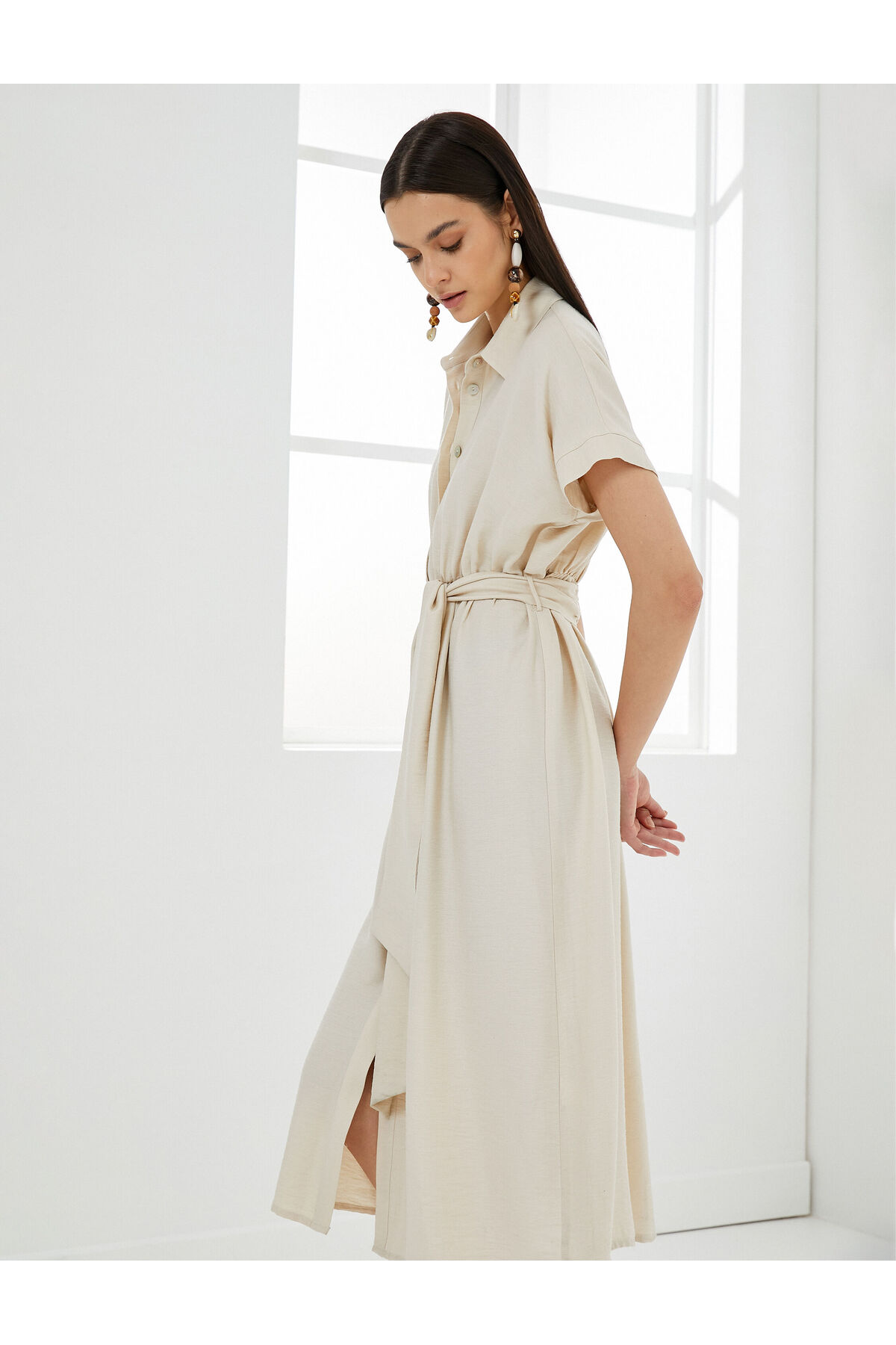 Koton Midi Shirt Dress Belted and Buttoned Waist
