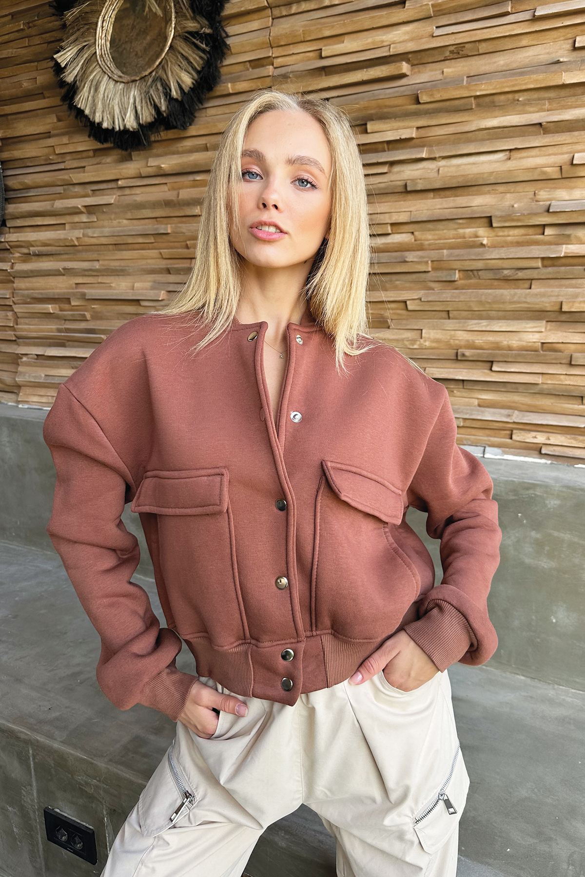 Trend Alaçatı Stili Women's Cinnamon Snap Closure Double Pocket Crop Jacket