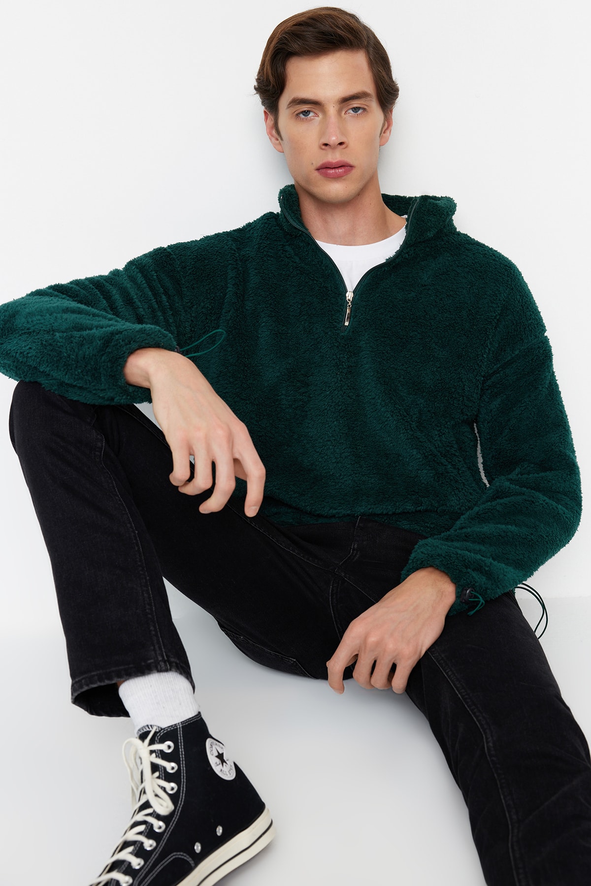 Trendyol Men's Emerald Green Regular/Real Fit High Neck Zipper Stoppered Thick Fleece/Plush Sweatshirt