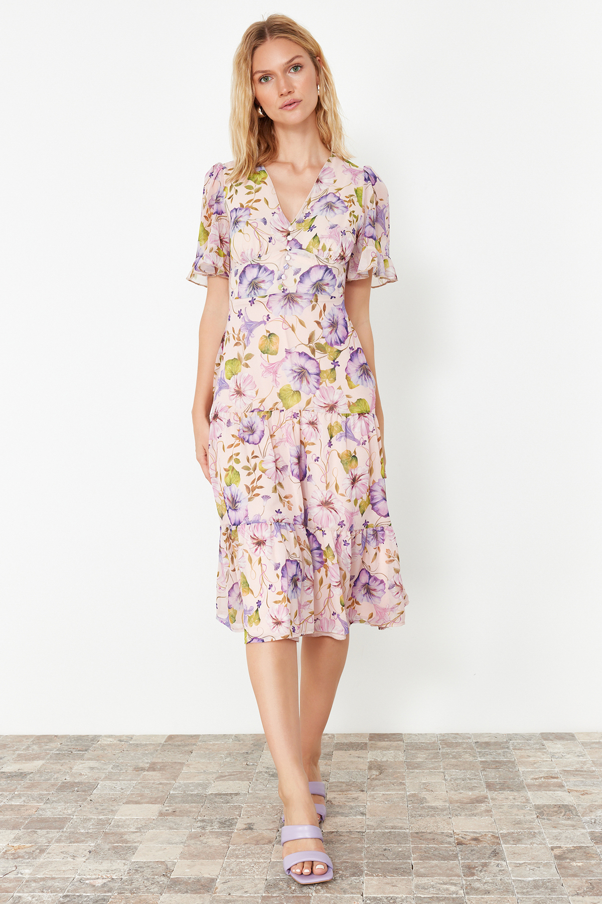 Trendyol Pink Floral Print A-Cut Flounced Midi Lined Chiffon Woven Dress