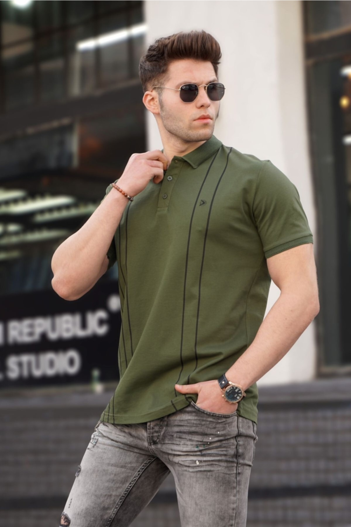 Levně Madmext Men's Polo Collar Khaki Green T-Shirt 5822