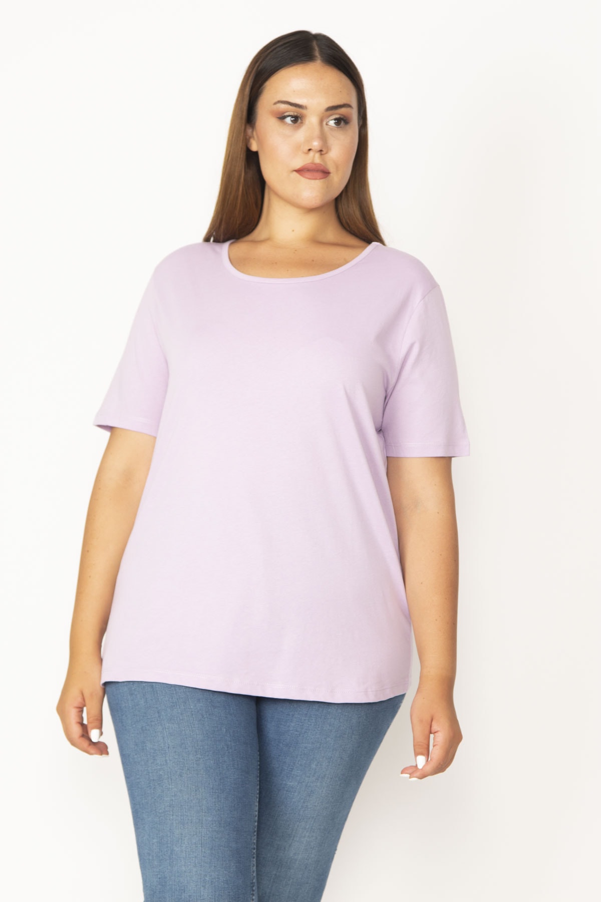 Levně Şans Women's Plus Size Lilac Cotton Fabric Crewneck Short Sleeve Blouse