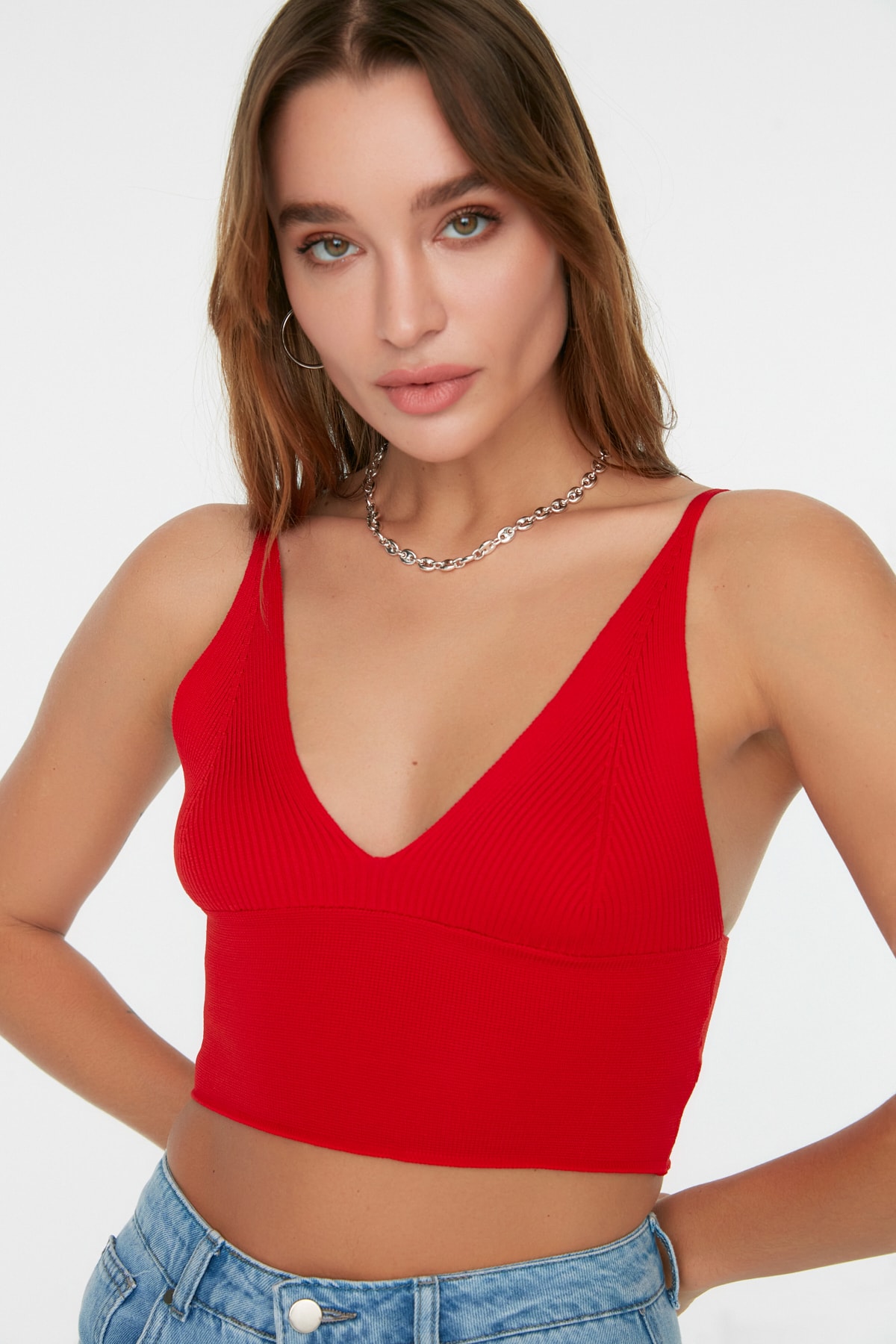 Levně Trendyol Red Super Crop Knitwear Blouse