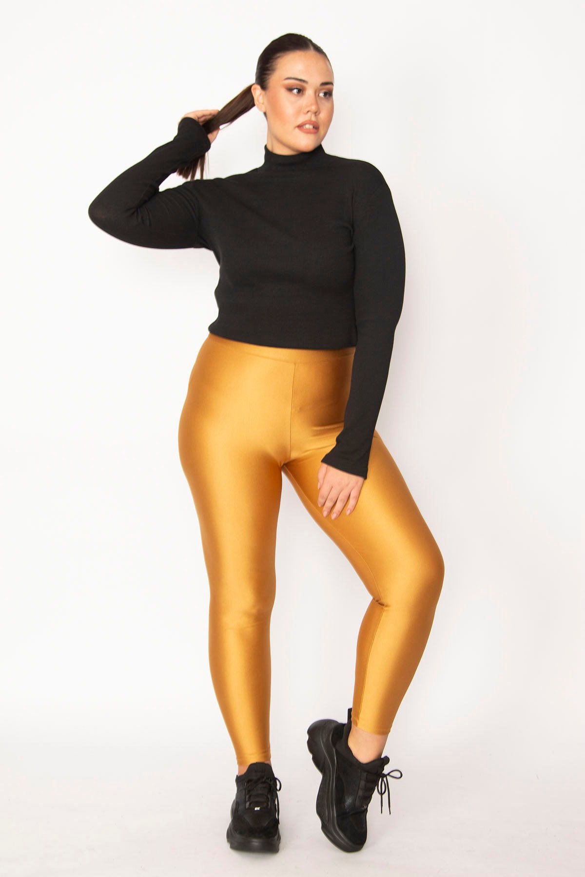 Şans Women's Large Size Gold High Waist Spandex Fabric Gathering Shiny Disco Tights