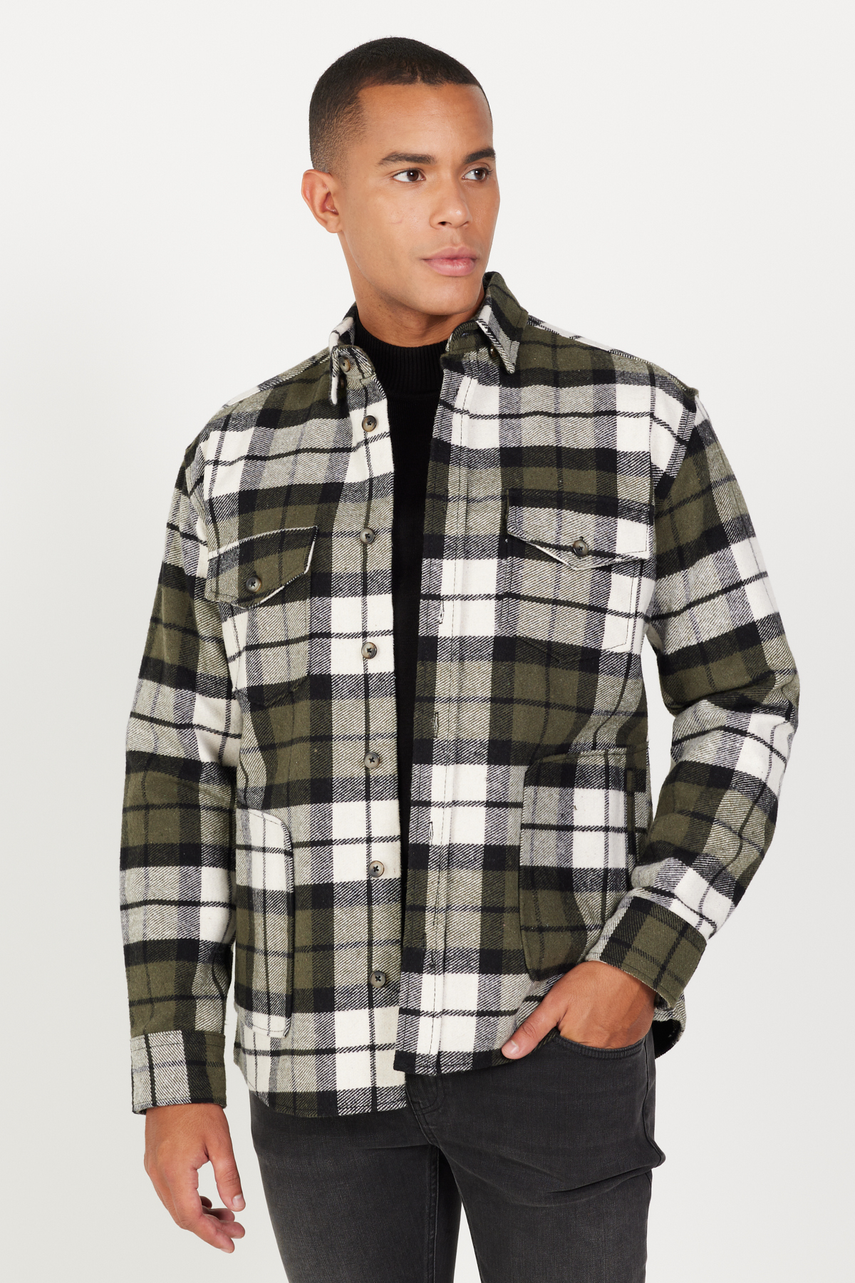 ALTINYILDIZ CLASSICS Men's Khaki-ecru Oversize Wide Cut Buttoned Collar Plaid Patterned Lumberjack Winter Shirt Jacket