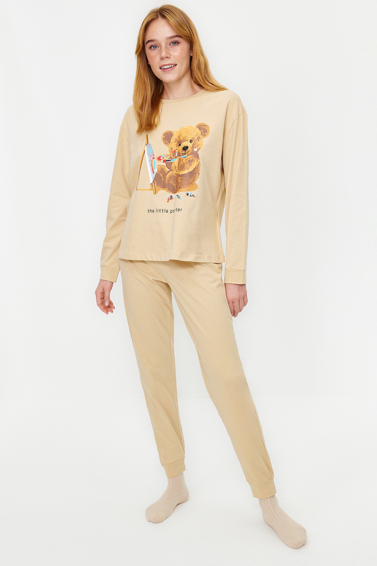 Levně Trendyol Beige 100% Cotton Teddy Bear Printed Tshirt-Jogger Knitted Pajama Set