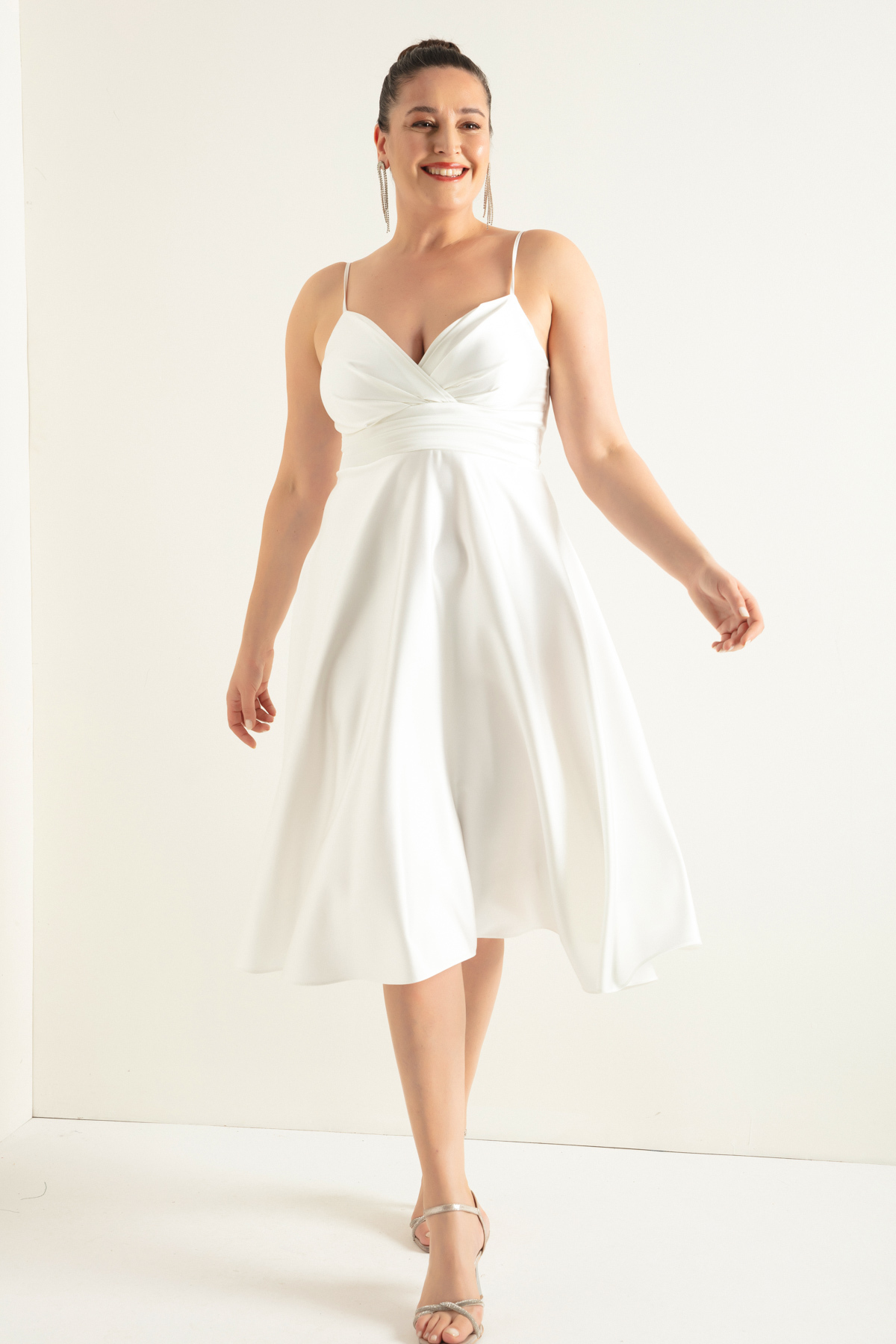 Lafaba Women's White Rope Strap Waist Belted Satin Midi Plus Size Evening Dress
