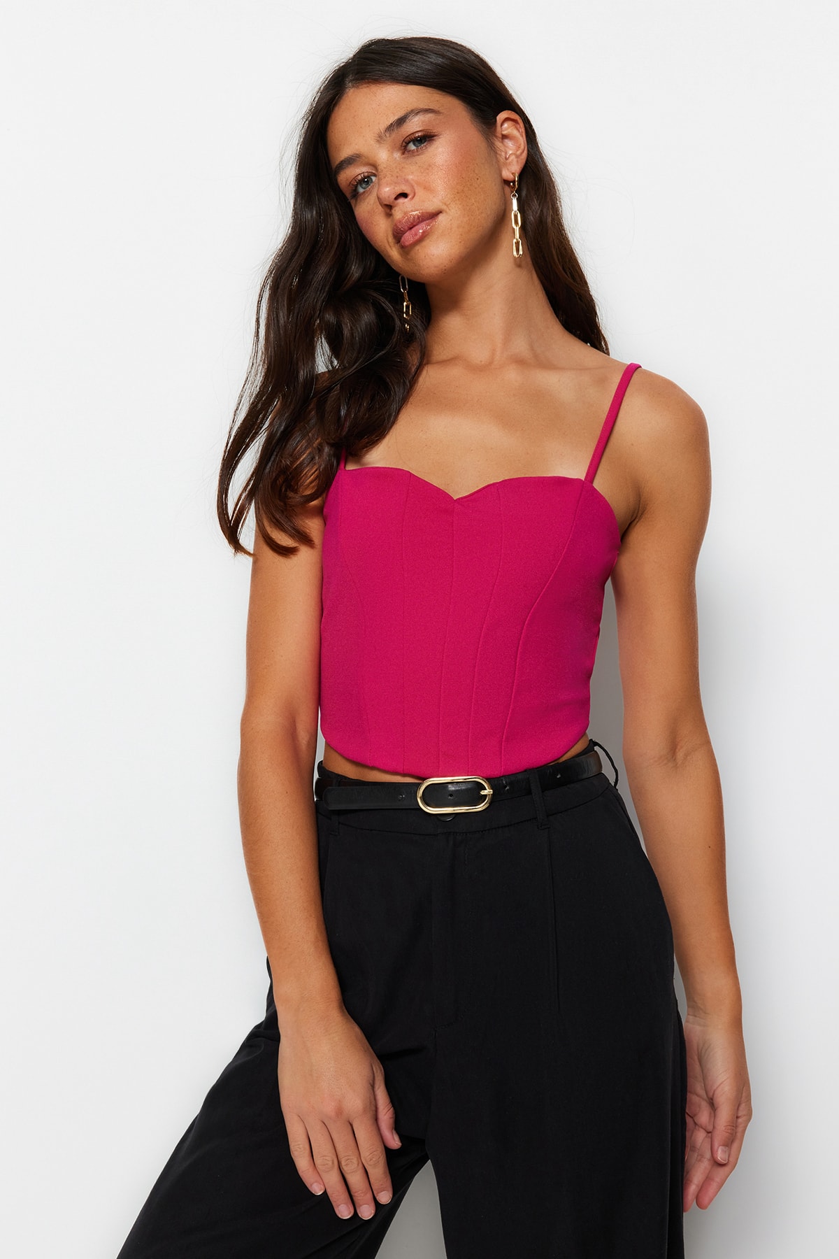 Levně Trendyol Fuchsia Fitted Crepe Knitted Bustier with Crop Straps