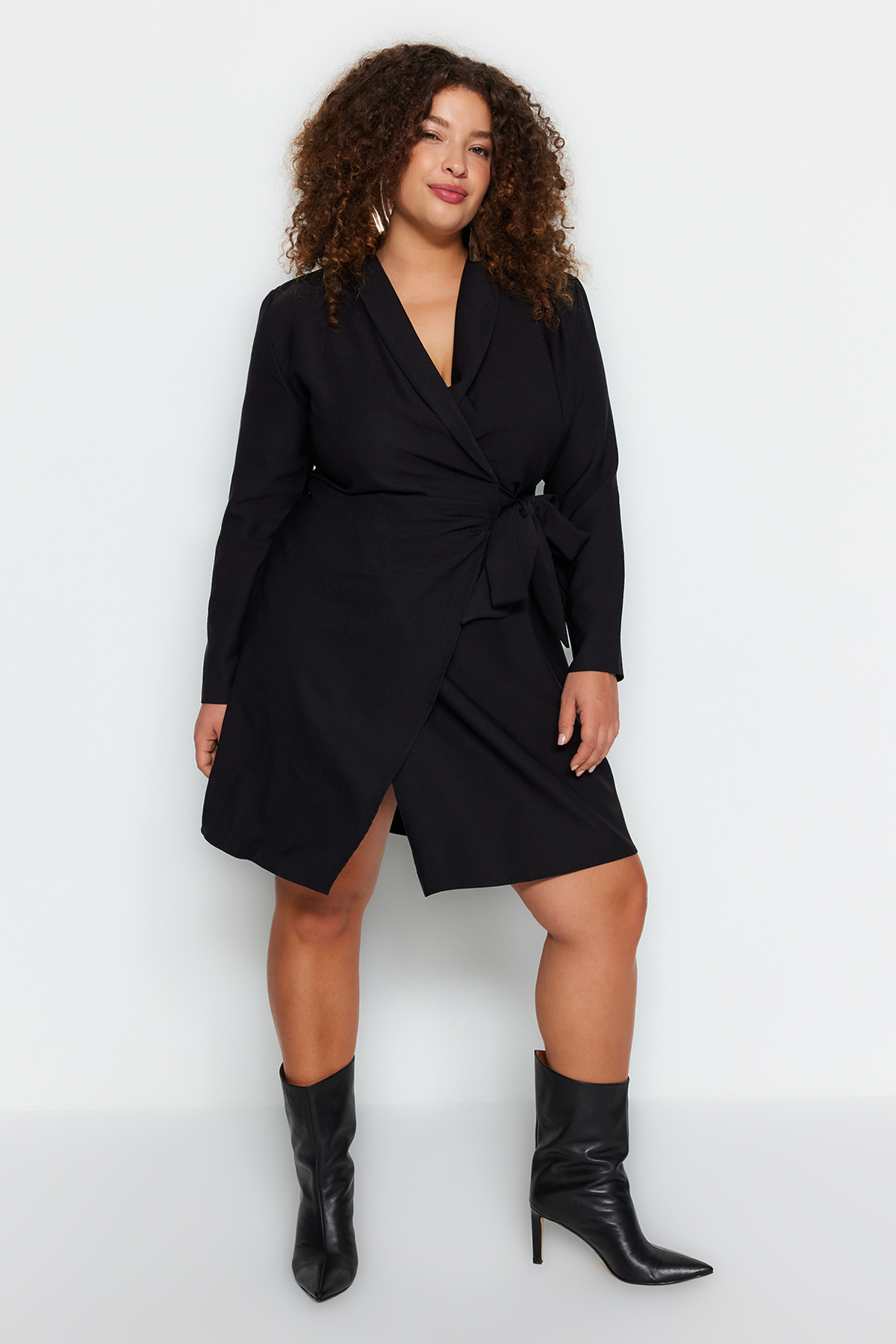 Trendyol Curve Black Plain Double Breasted Mini Woven Plus Size Dress