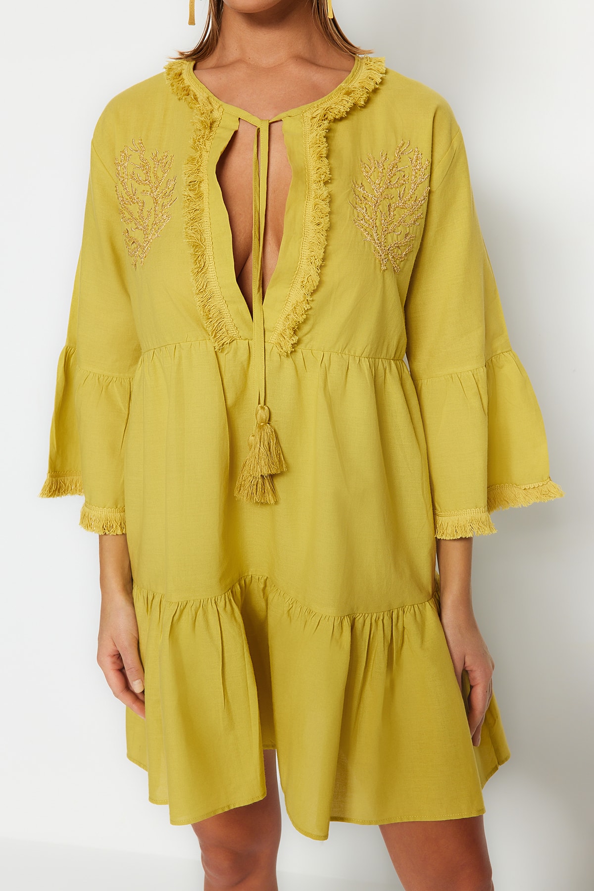 Trendyol Oil Green Mini Broderie țesută 100% rochie de plajă din bumbac