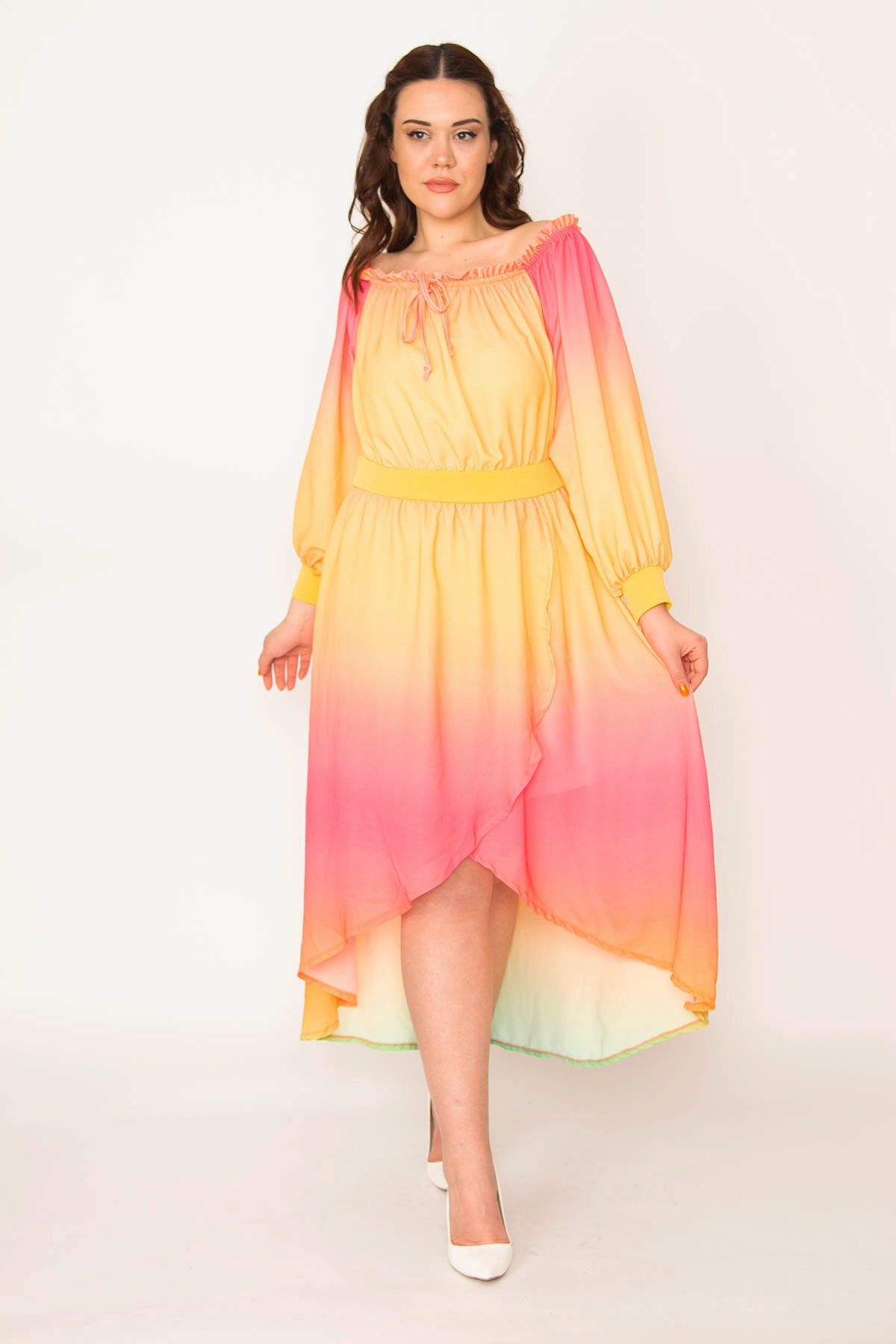 Levně Şans Women's Plus Size Color Collar and Elastic Waist Detail Long Back Lined Chiffon Dress