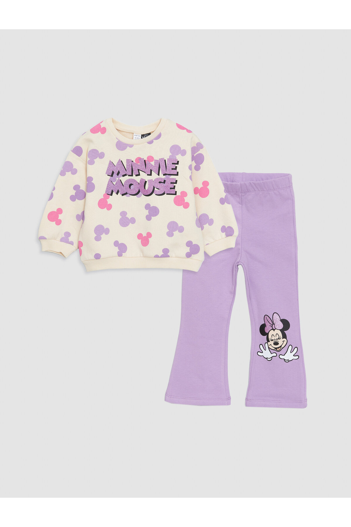LC Waikiki Crew Neck Long Sleeved Minnie Mouse Printed Baby Girl's Sweatshirt And Leggings 2-Pair Set