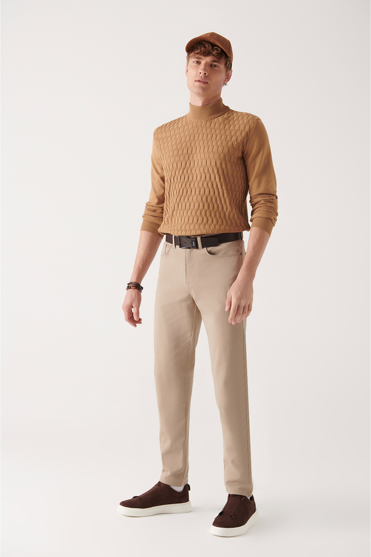 Levně Avva Men's Beige 5-Pocket Cotton Slim Fit Slim Fit Trousers