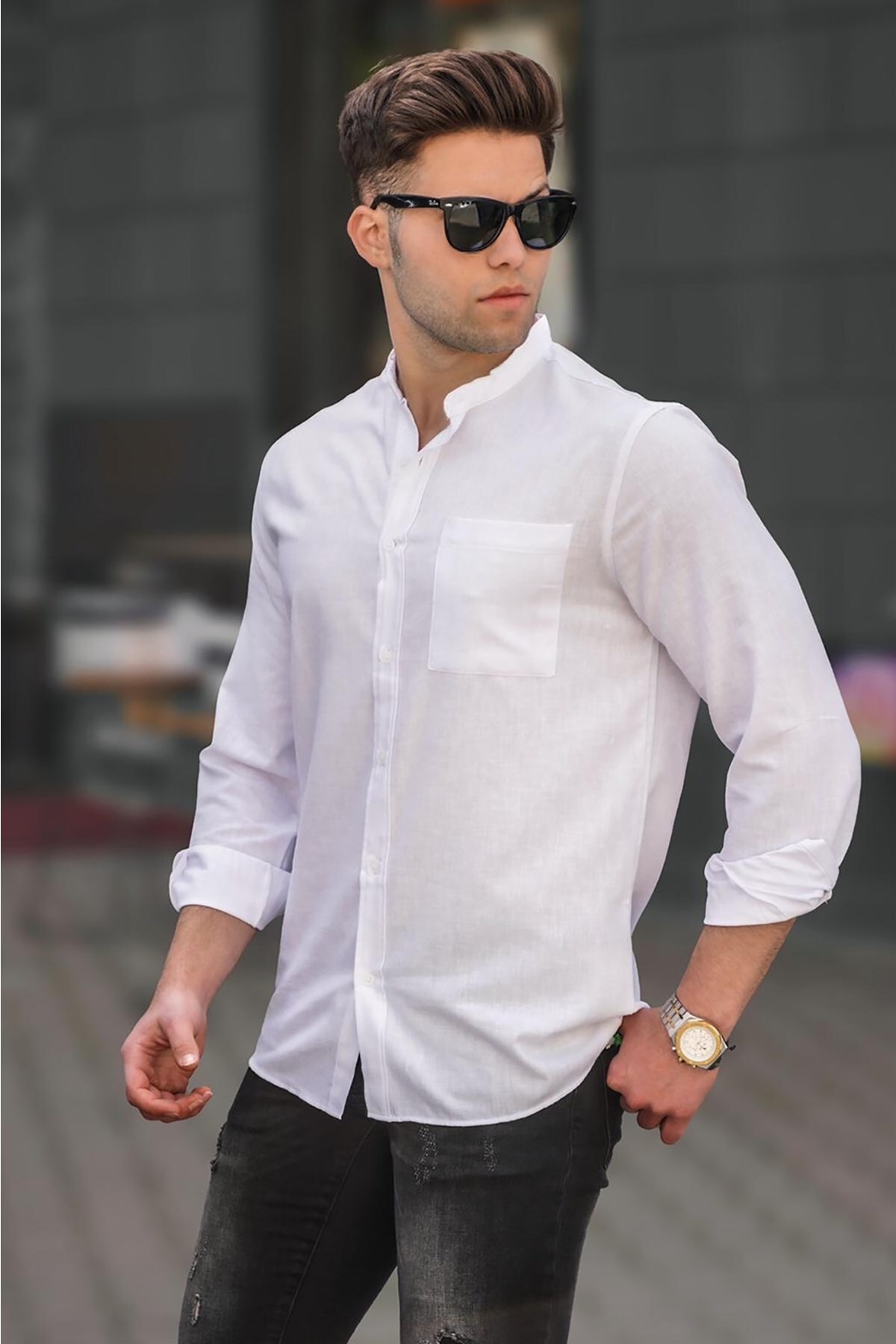 Madmext Men's White Plain Long Sleeve Shirt 5548