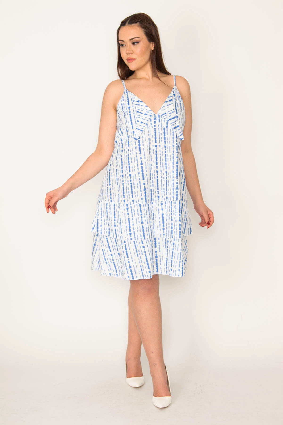 Levně Şans Women's Plus Size Blue Collar Detailed Skirt Tip Layered Strap Dress