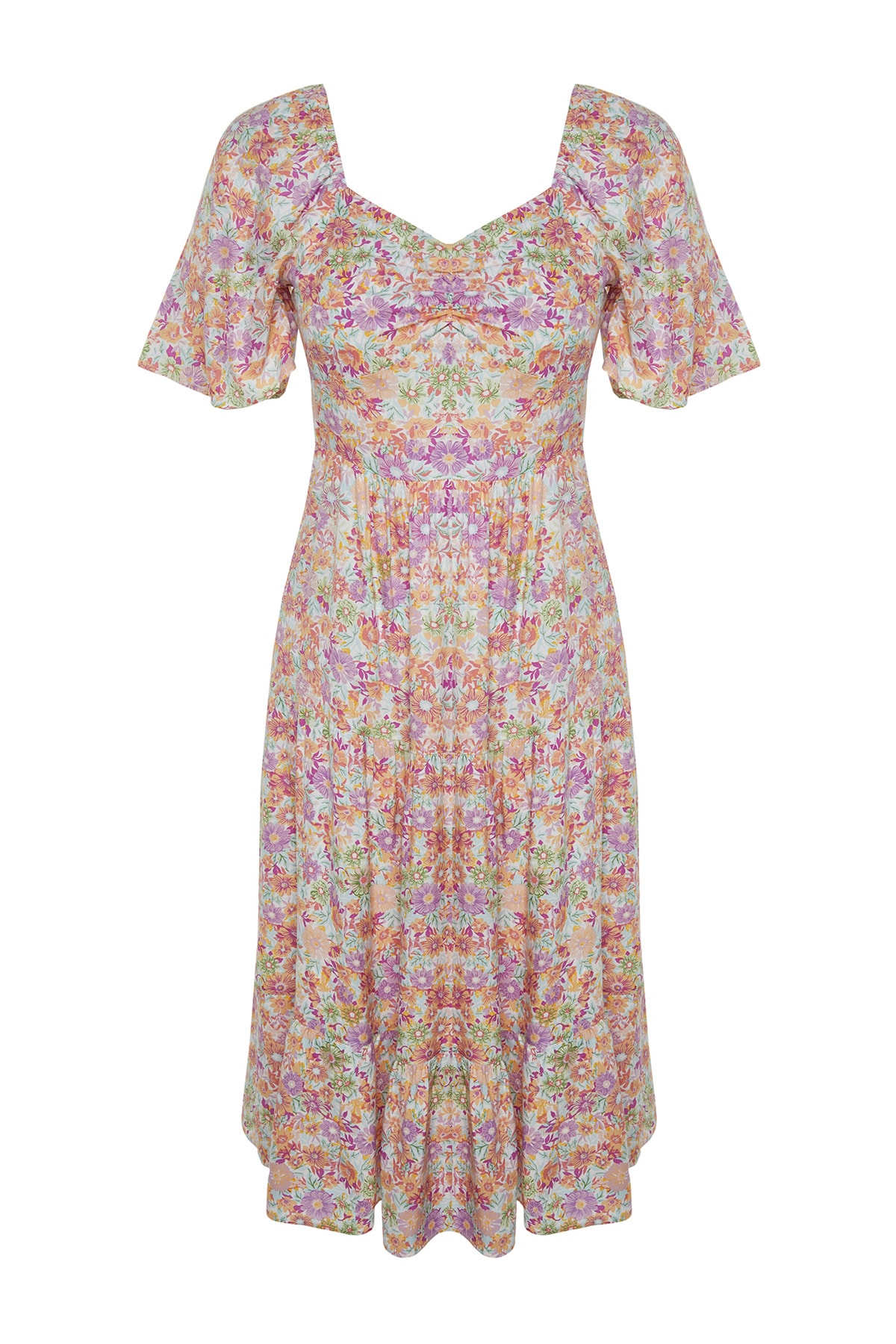 Trendyol Mint A-Line Balloon Sleeve Floral Patterned Midi Woven Dress