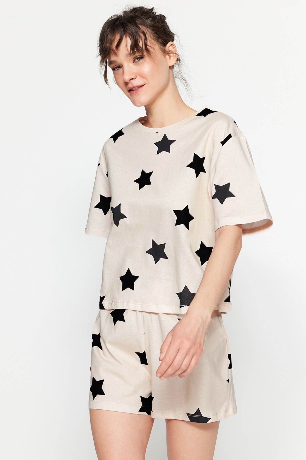 Levně Trendyol Light Pink 100% Cotton Star Patterned T-shirt-Shorts Knitted Pajamas Set