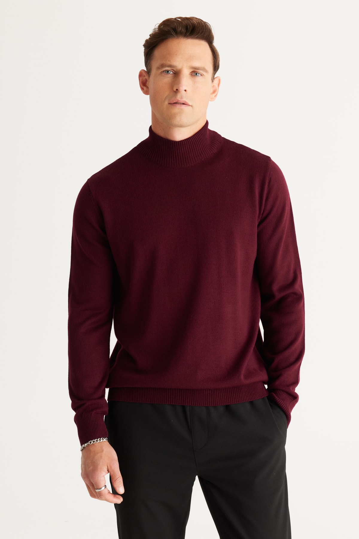 Levně ALTINYILDIZ CLASSICS Men's Claret Red Anti-Pilling Standard Fit Normal Cut Half Turtleneck Knitwear Sweater.