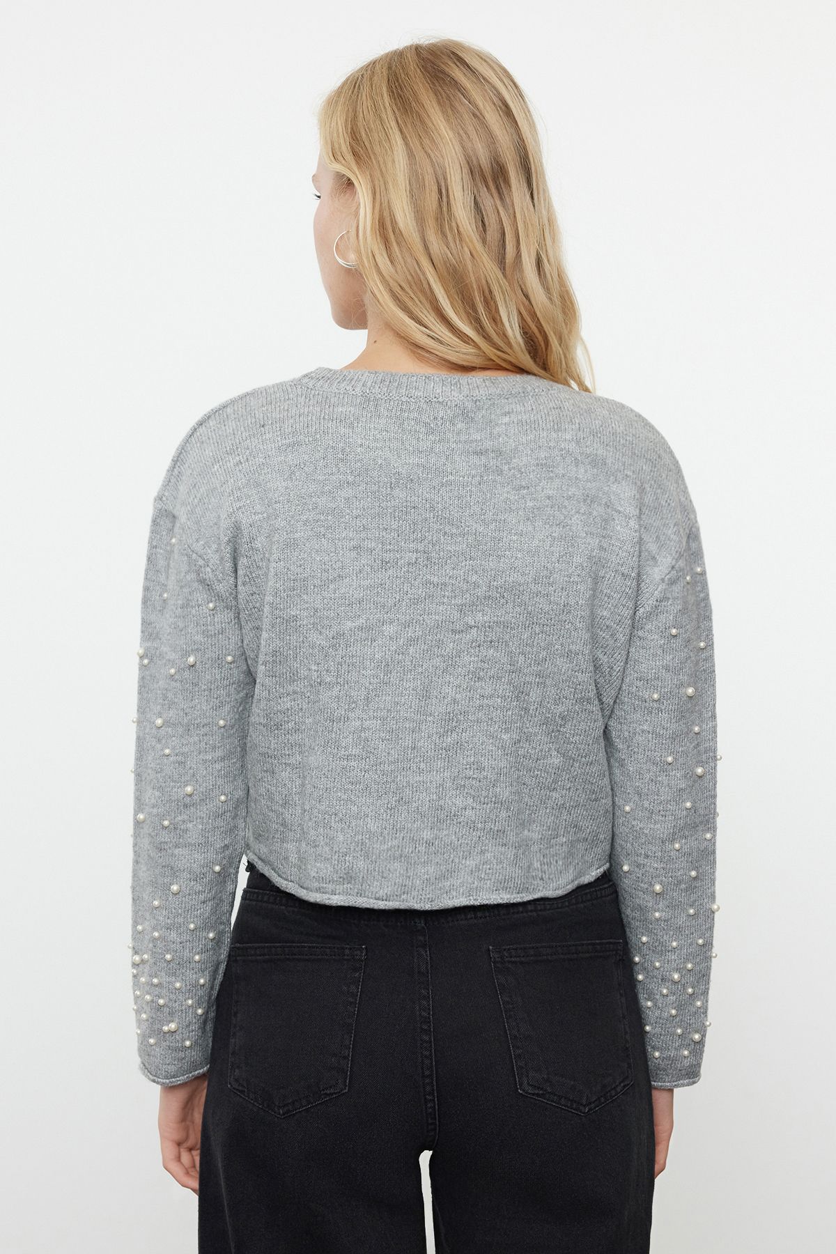 Trendyol Light Grey Soft Texture Crop Stone Embroidered Knitwear Sweater