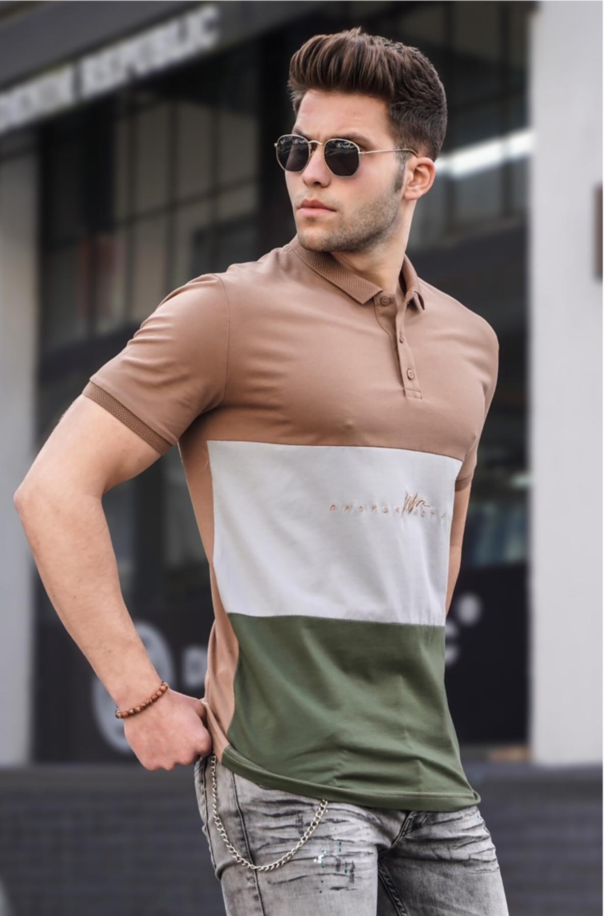 Levně Madmext Men's Polo Collar Brown T-Shirt 5819