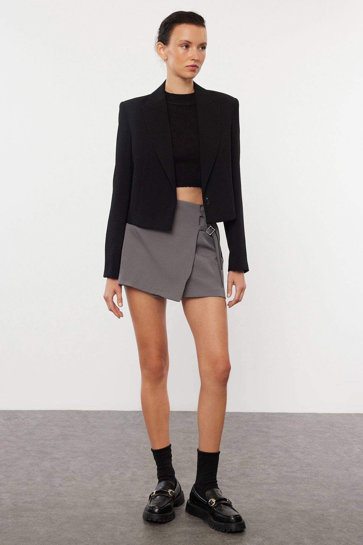 Trendyol Anthracite Double Belted Woven Shorts Skirt